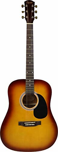 Sunburst acoustic guitar with six strings.