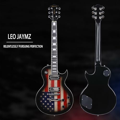 Electric guitar with American flag design, front and back view.