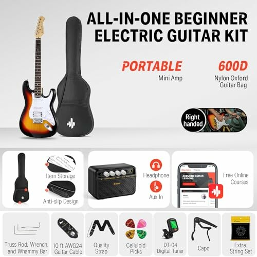 Beginner electric guitar kit with accessories including amp, bag, and picks.