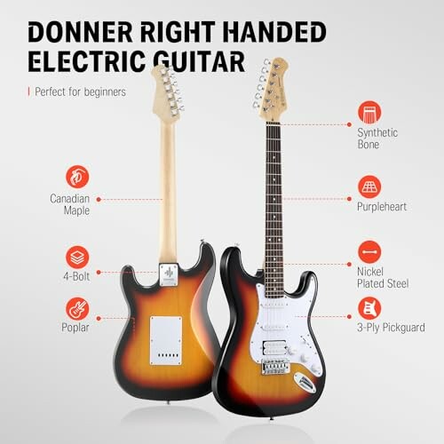 Donner right handed electric guitar with features labeled, ideal for beginners.