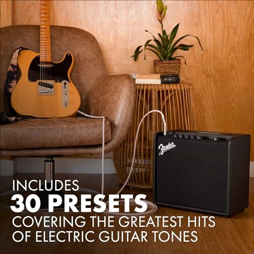 Electric guitar and amp with text about 30 presets for guitar tones