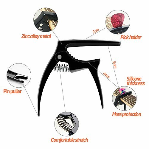 Guitar capo with silicone protection, pick holder, and pin puller features.