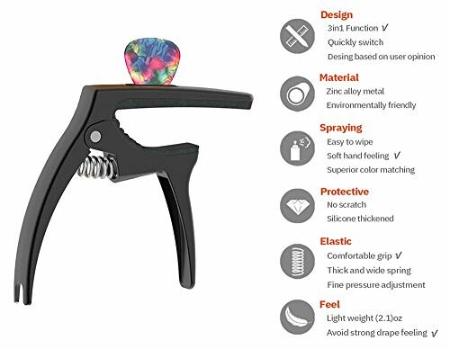 Guitar capo with colorful pick and features listed.