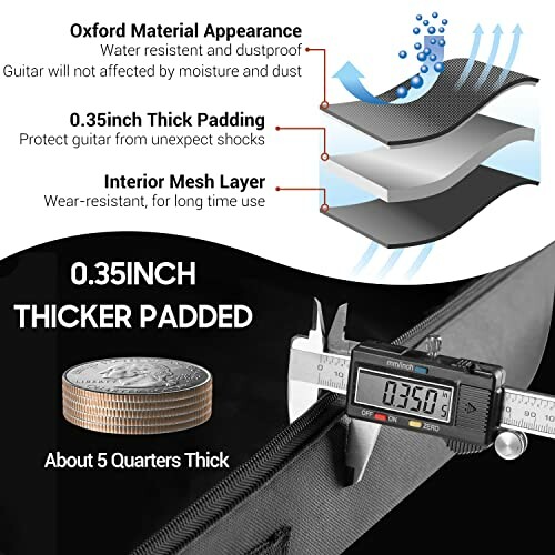 Diagram showing guitar case material layers and thickness measurement.