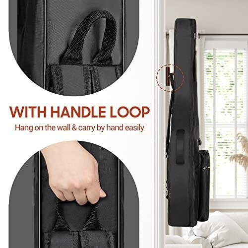 Guitar case showing handle loop for easy carrying and hanging.