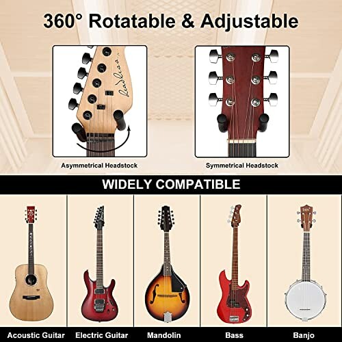 Comparison of asymmetrical and symmetrical guitar headstocks, compatible with acoustic guitar, electric guitar, mandolin, bass, and banjo.