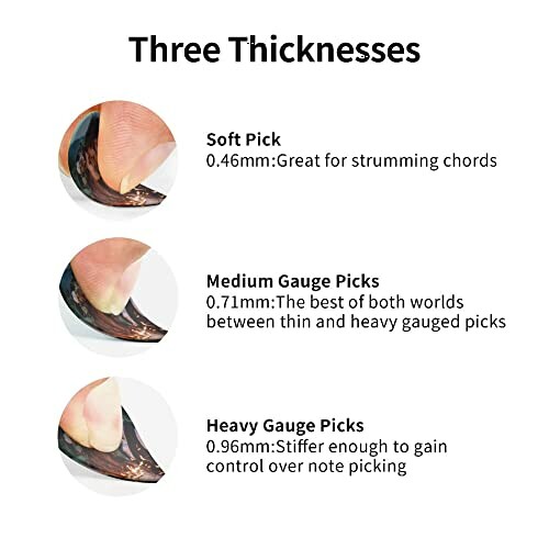 Guide showing three guitar pick thicknesses: soft, medium, heavy