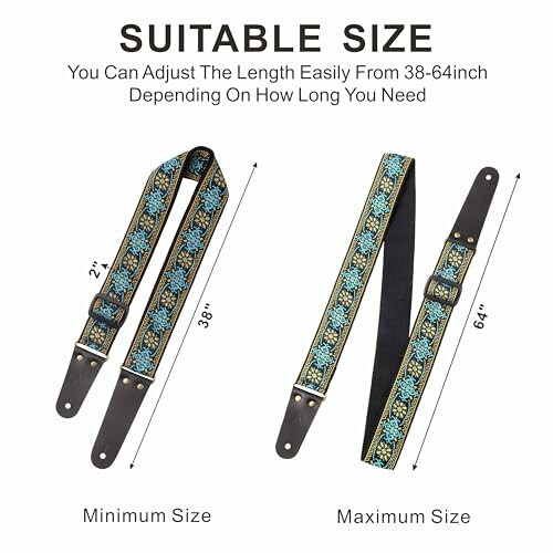 Adjustable guitar strap with length range from 38 to 64 inches.