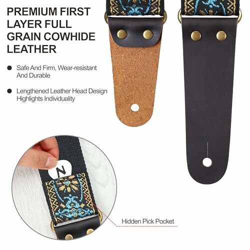 Premium leather guitar strap with decorative pattern and hidden pick pocket.