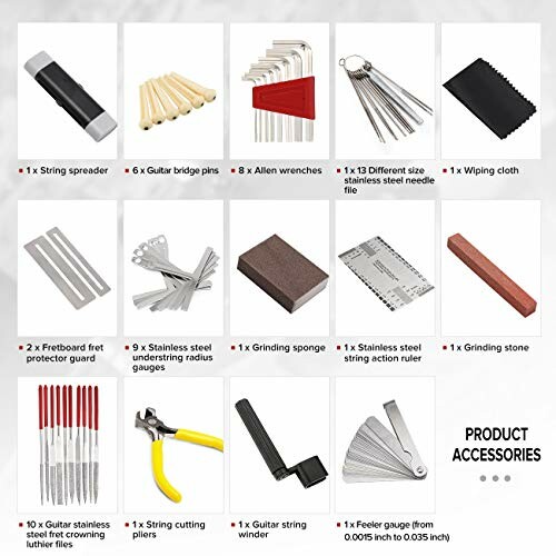 Guitar tool kit with various accessories including string spreader, bridge pins, allen wrenches, needle files, wiping cloth, fretboard protector, radius gauges, sanding file, grinding stone, crowning file, cutting pliers, string winder, and feeler gauge.