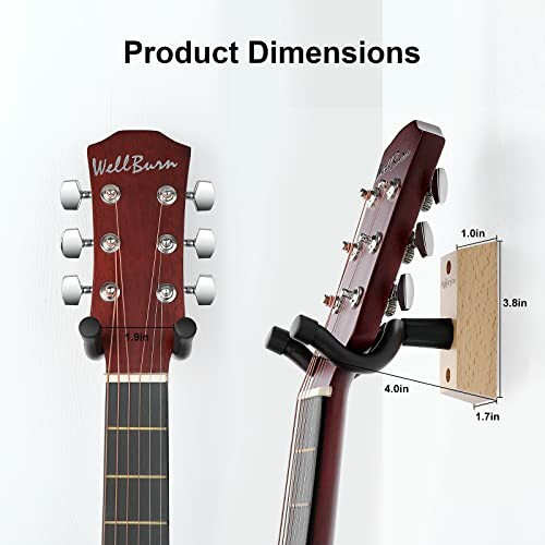 Guitar wall mount dimensions with a guitar headstock on a wooden holder.