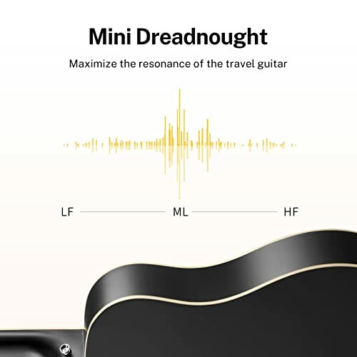 Mini Dreadnought guitar resonance illustration with sound wave.