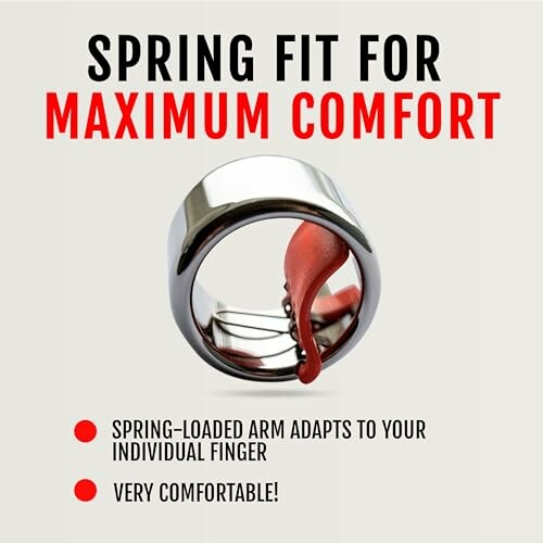 Adjustable ring with spring-loaded arm for comfort.