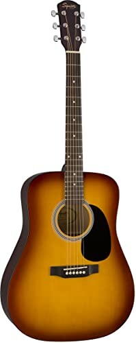 Sunburst acoustic guitar with six strings.