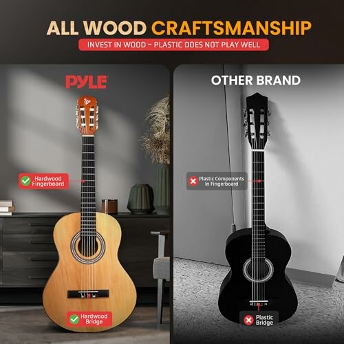 Comparison of Pyle guitar with hardwood components and another brand with plastic components.