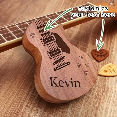 Wooden guitar pick holder with customizable text and guitar picks