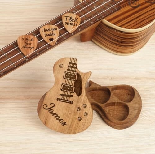 Wooden guitar-shaped pick holder with personalized picks